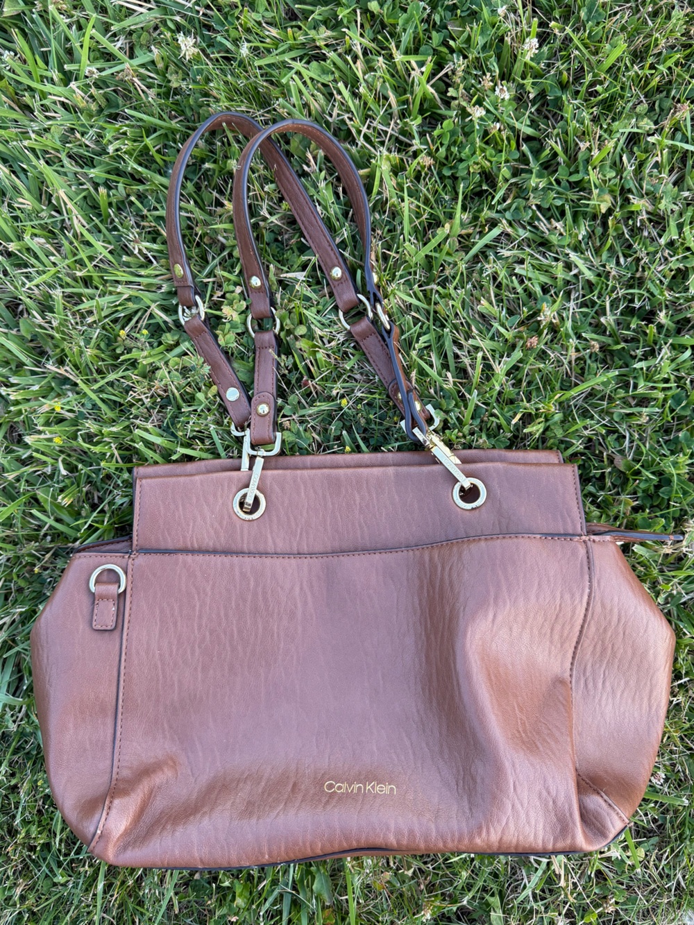 Calvin Klein Cognac Brown Shoulder Tote with Gold Hardware